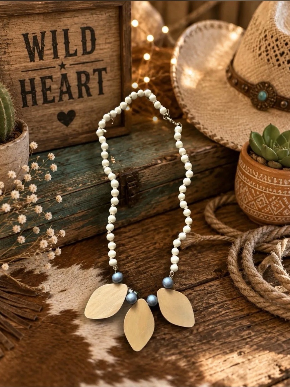 Plunder Wood and Silver Pearl Leaf Necklace